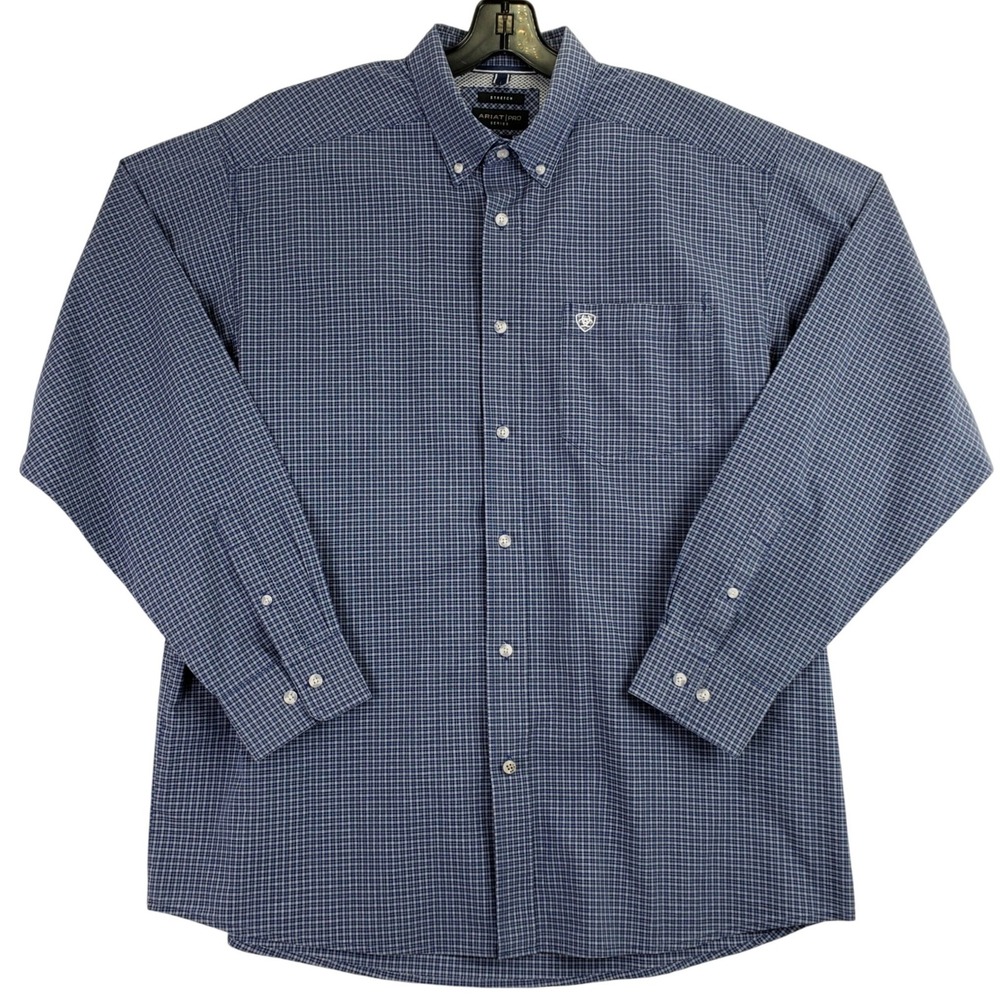 Ariat Pro Series Button Down Mens XL Blue Plaid Western Stretch Work Shirt